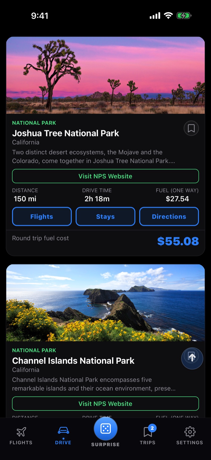 Drive to national parks within budget