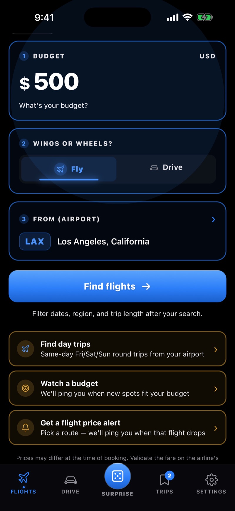 Budget search and trip tools